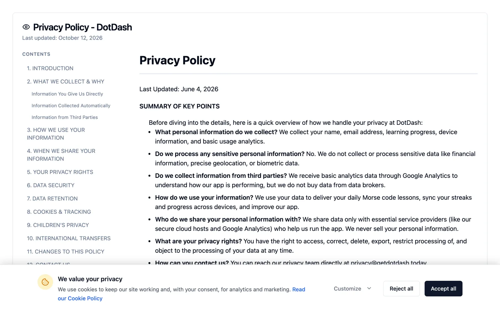 A live privacy policy hosted on PolicyForge, with its contents list and cookie banner